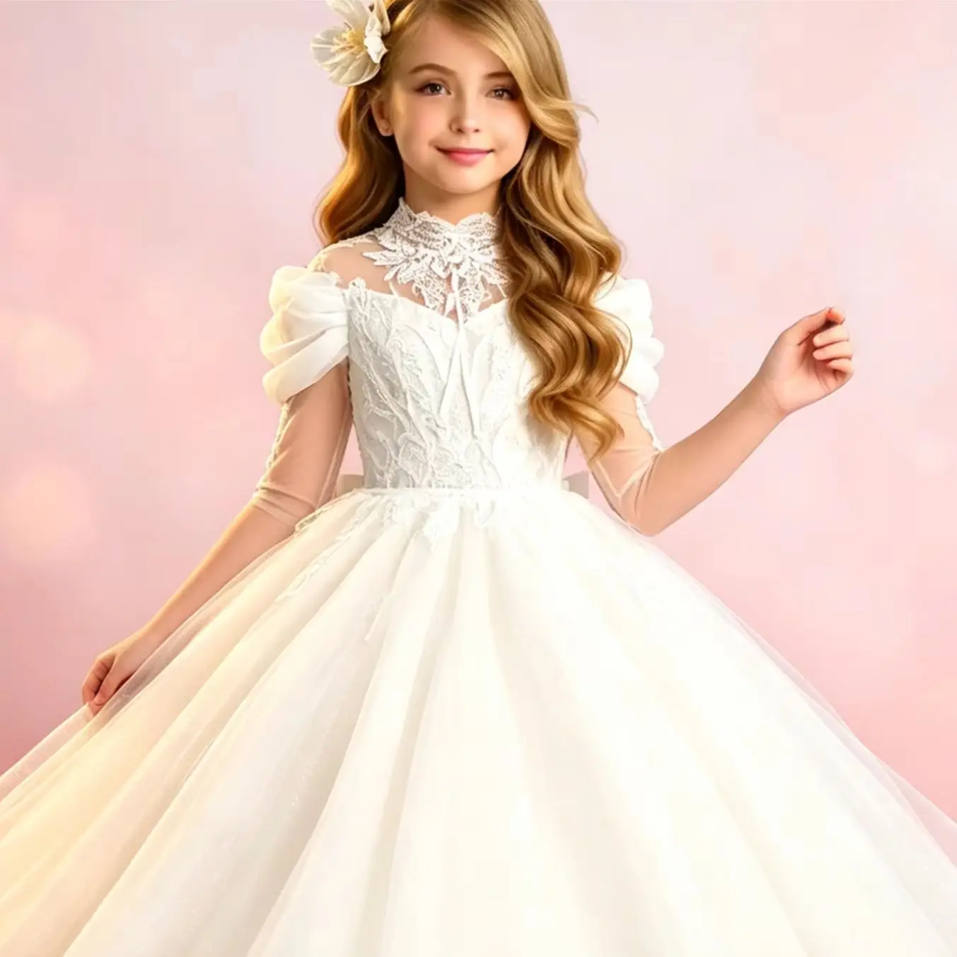 

Princess Flower Girl Dress for Wedding High Neck with Bows Floor Lenght Infant Baptism Gowns First Communion Gowns Customized