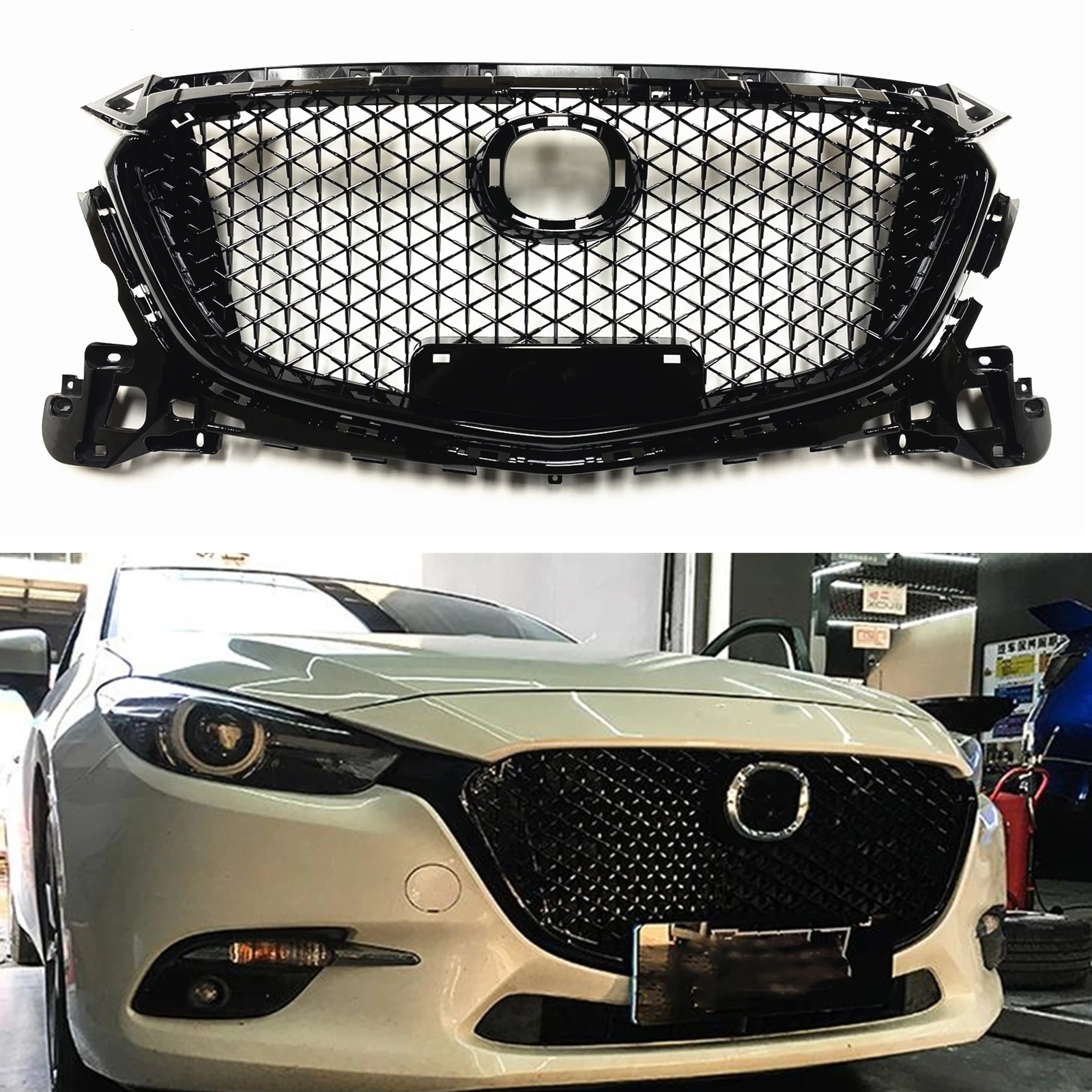 

For Mazda 3 Axela 2017-2018 Front Grille Racing Grills Gloss Black Upper Bumper Intake Hood Radiator Mesh Honeycomb Style Grid