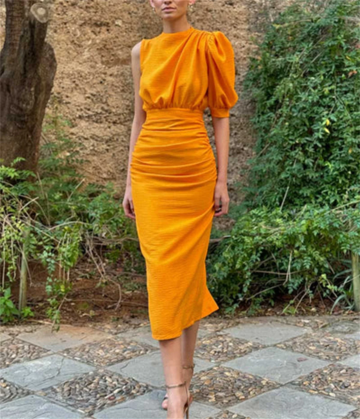 Elegant Orange Formal Occasion Dress French Cutout Pleated Satin Evening Dress Women's to Ankle Length 2024 Custom Evening Dress