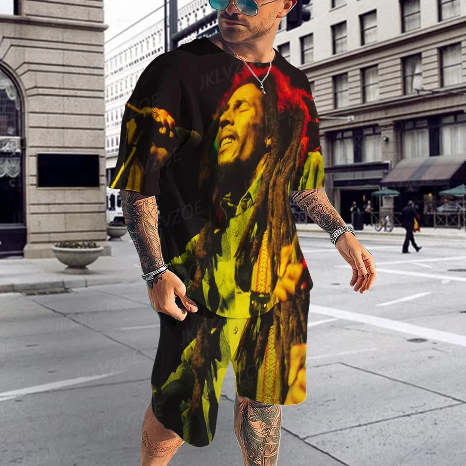 Hot Summer Men's Clothing 3d Printed Men's Bob Marley Printed Short Sleeve Shorts Two-Piece Man Casual Fashion Short Sleeve Suit