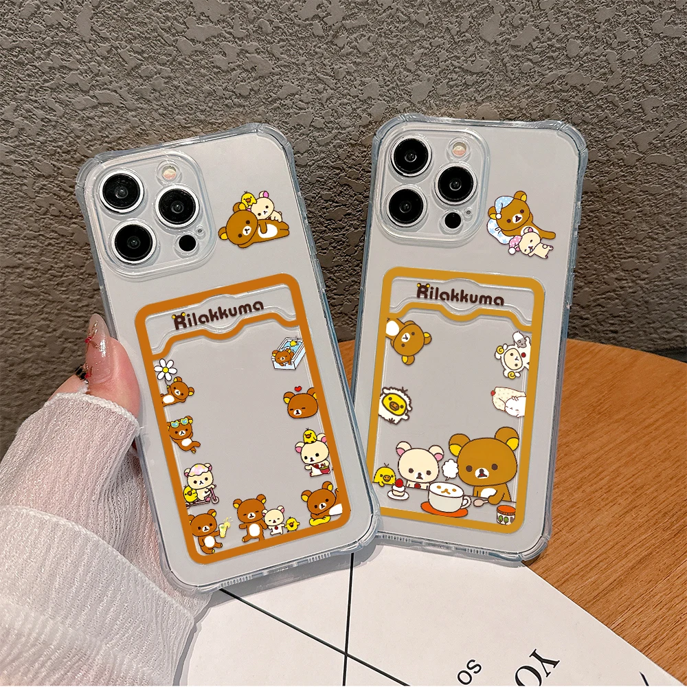 Cute R-Rilakkuma Bear Card Hold Case For iPhone 15 14 13 12 11 Mini Pro Max X XR XSMax 6S 6 7 8 Plus SE20 Anti-fall Clear Cover