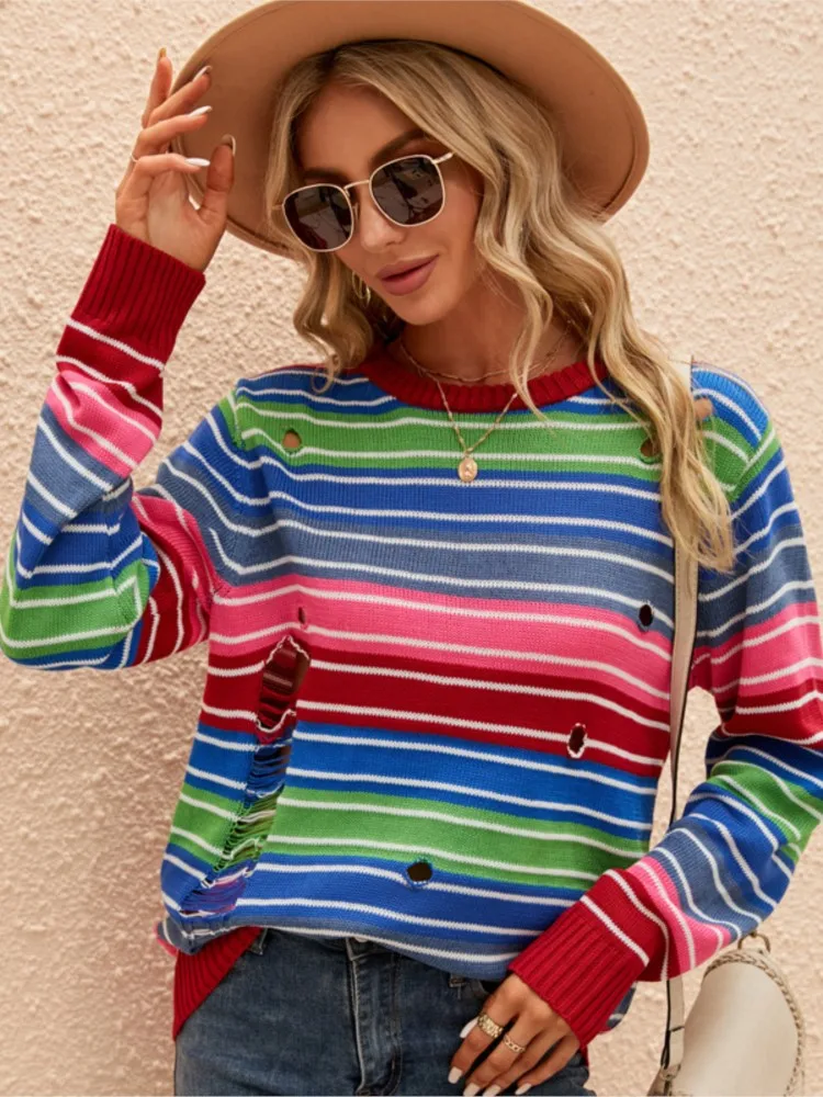 

Autumn Winter Colored Striped Sweaters Women's o neck Long Sleeved knitting Sweater Casual Contrasting Color Ripped Hole Sweater