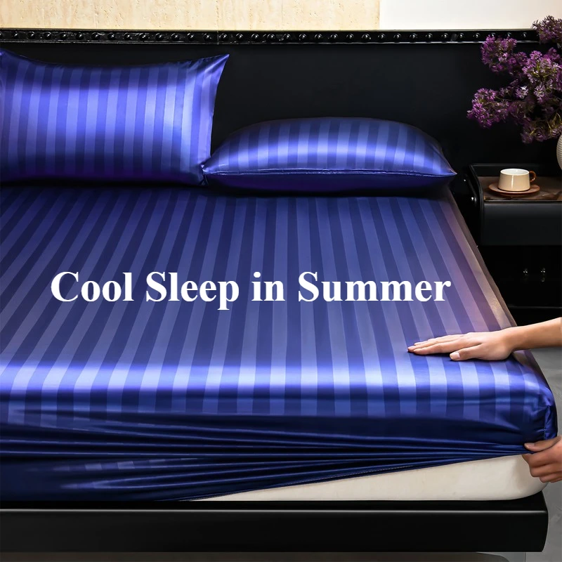 New 1PC Satin Striped with Elastic Band Fitted Sheet Silky Soft Deep Pocket Bed Cover Standard Size Twin Full Queen King Bedding