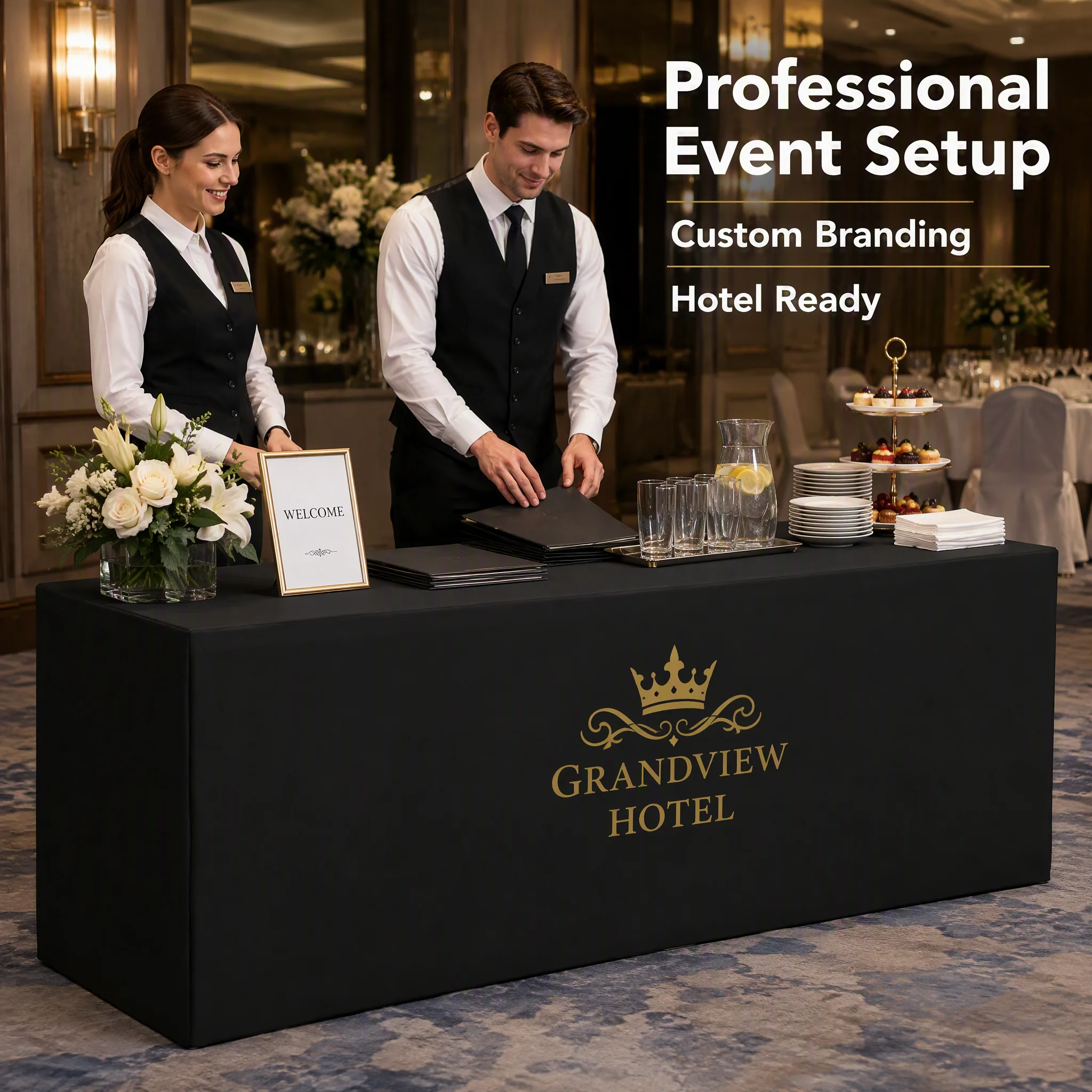 Custom Logo Table Cover Event Tablecloth Hotel Banquet Display Booth Reception Desk Cover Business Branding Tablecloth Black