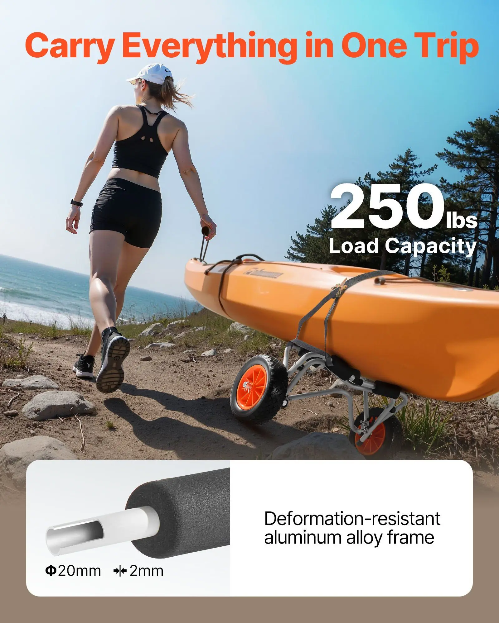 

Kayak Cart, 250 lbs Load Capacity, Foldable Kayak Trolley with 10-inch Solid Rubber Tires & 1 Ratchet Strap, Paddle Board