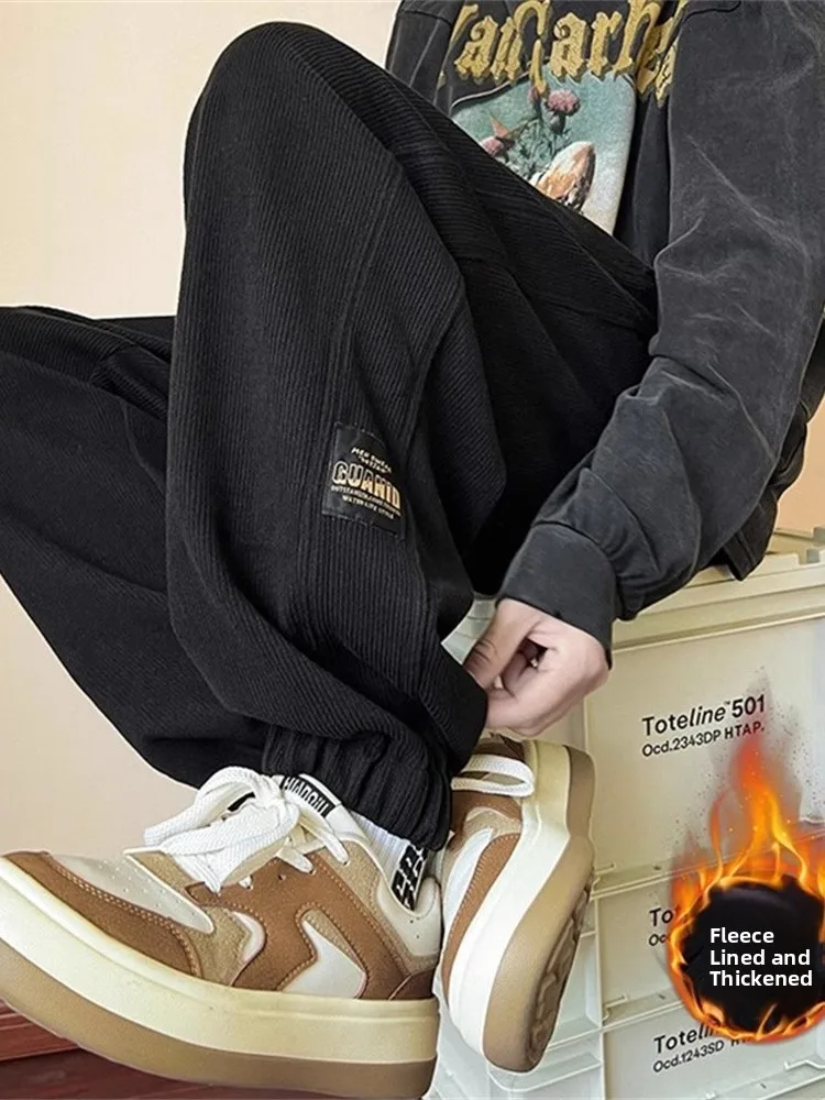 

Men's Corduroy Pants Winter Thiened Fce Loose Sports Sweatpants American Retro Sle Elastic Waist Casual Trousers