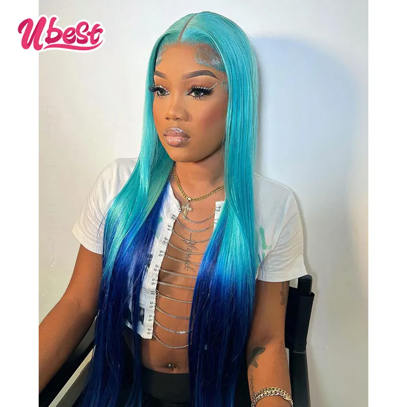 

13x6 30inches Ombre Blue Color Straight Lace Front Human Hair Wig 180%Density BrazilianTransparen Lace Frontal Wig For Women