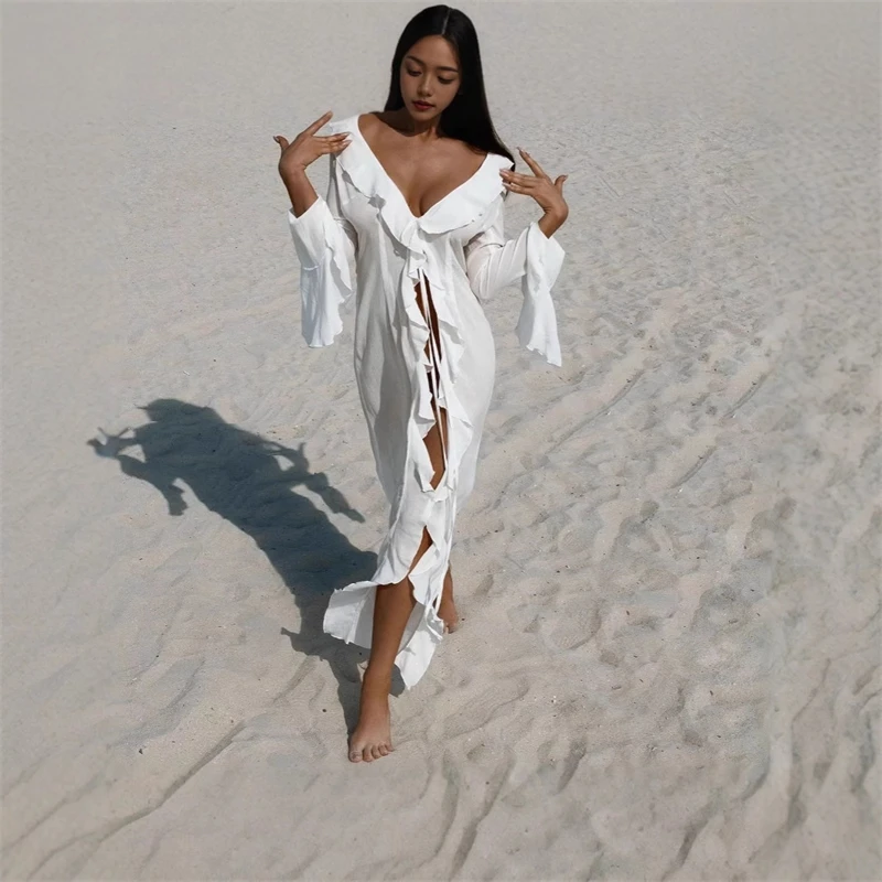 Mode V-ausschnitt Sommer Strand Cover Up Rüschen Langarm Strand Kleid Badeanzug Casual Badeanzug Cover Up Kleid Für Frauen