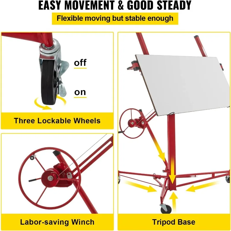 VEVOR Drywall Rolling Lifter Panel, 11ft Sheetrock Lift Drywall Lift, 150lb Weight Capacity Panel Hoist Jack Tool