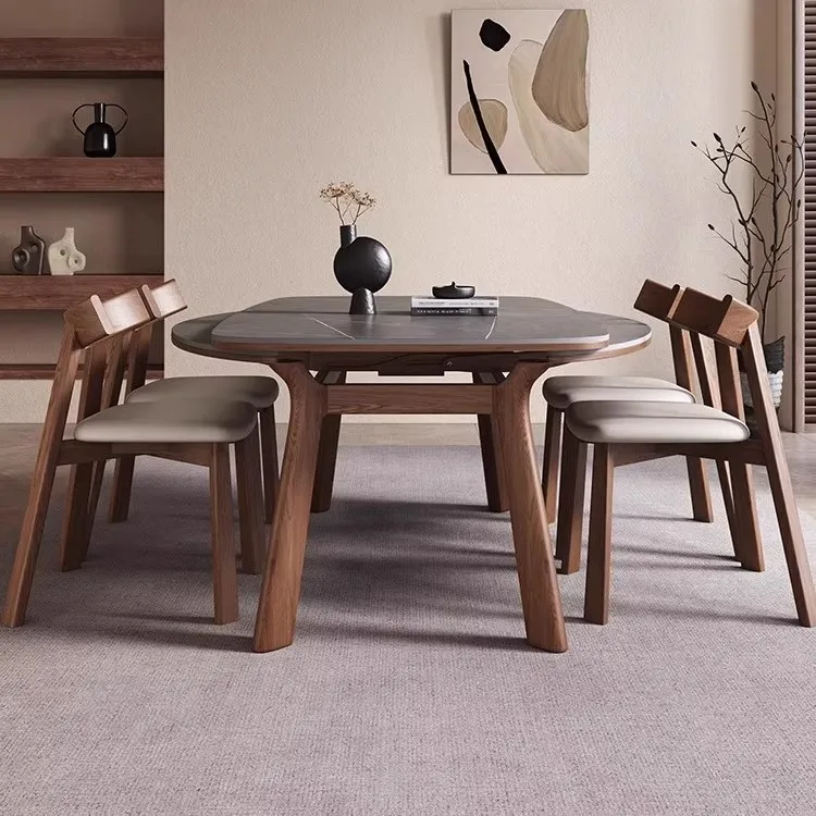 

Walnut round folding solid wood rock slab dining table and chair combination telescopic dual-use