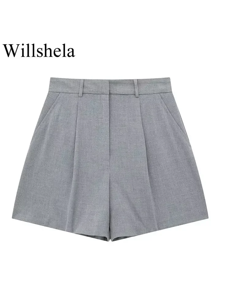 Willshela Women Fashion 2 Piece Set Grey Single Breasted V-Neck Vest & Vintage High Waist Shorts Female Chic Lady Shorts Set