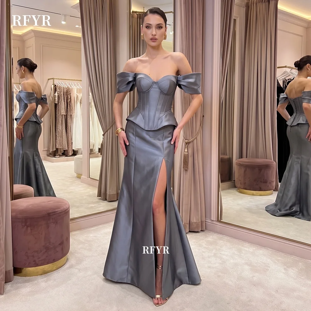 RFYR Grey Prom Dress with Fish Bones Mermaid Evening Dress with Pleats Off Shoulder Celebrity Dress for Arabic Women Customized