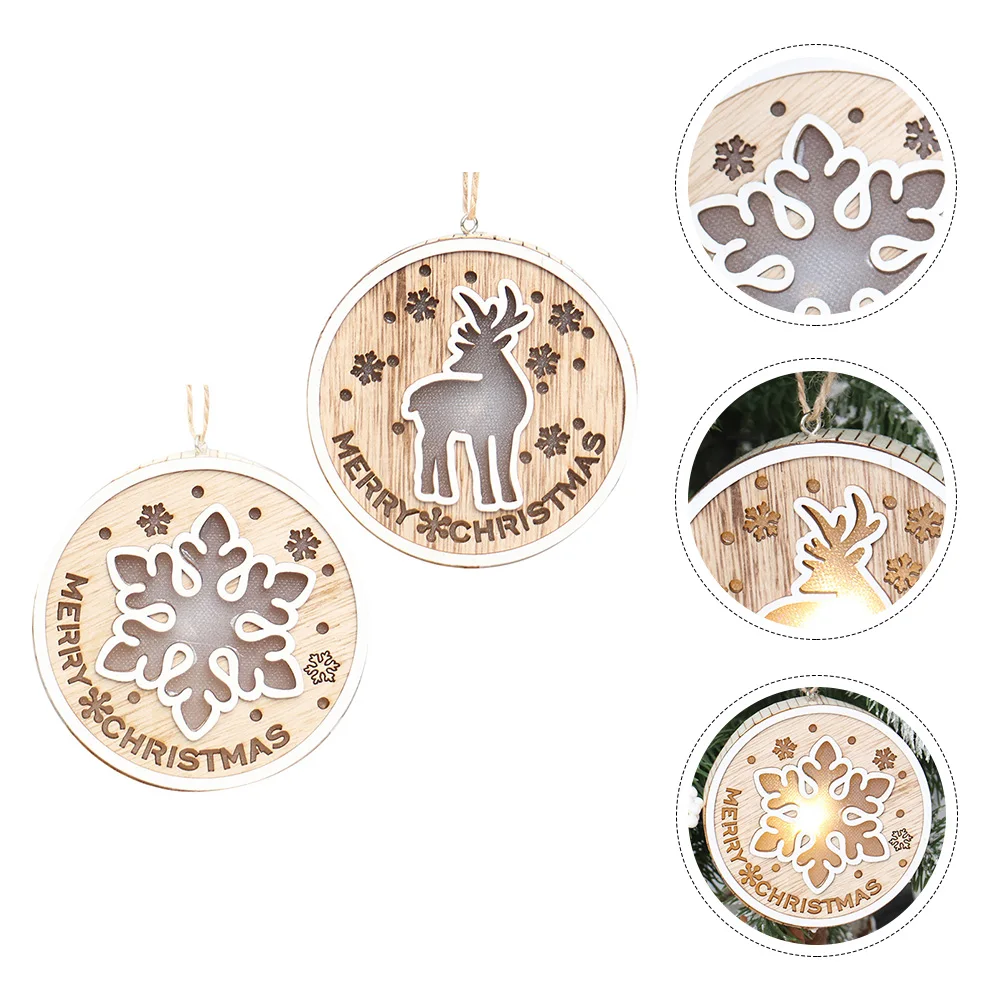 

2Pcs Christmas Wooden Ornament LED Light Luminous Xmas Tree Pendant Hollow Out Design Wood Light for Holiday Decor