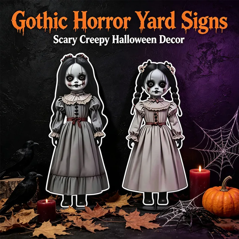2pc Halloween Gothic Horror Silhouette Yard Signs, 2D Plastic Scary Figure Stakes, Vintage Creepy Garden Lawn Pole Decor, Spooky