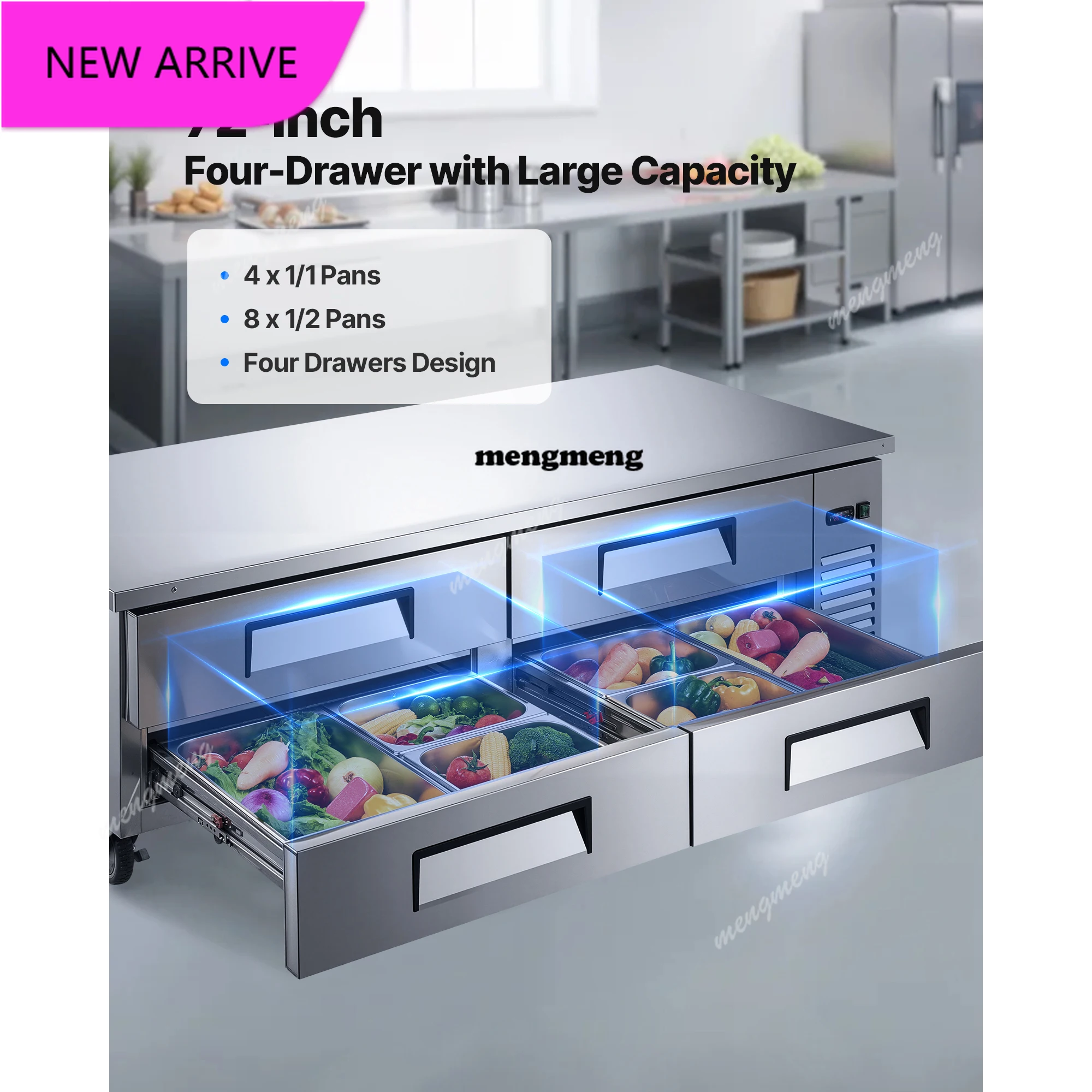 

72"W Chef Base Refrigerator Chef Bases Worktop Refrigerators 4-Drawer Under Counter Fridge with 12 Pans Stainless Steel