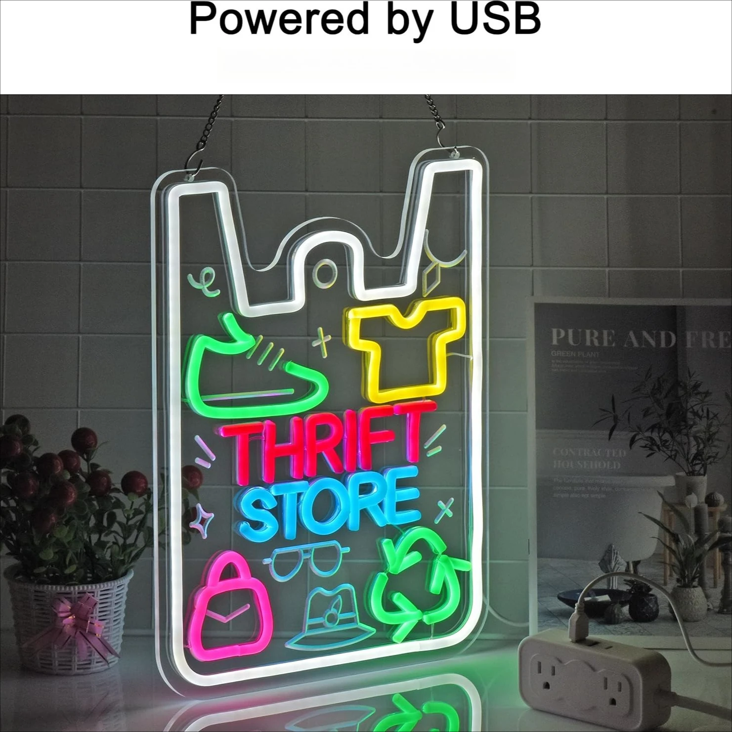 Thrift Store النيون تسجيل LED أضواء النيون لمتجر Thrift خمر الملابس السلبية السوق الخيرية ديكور جدران المنزل USB عكس الضوء #2