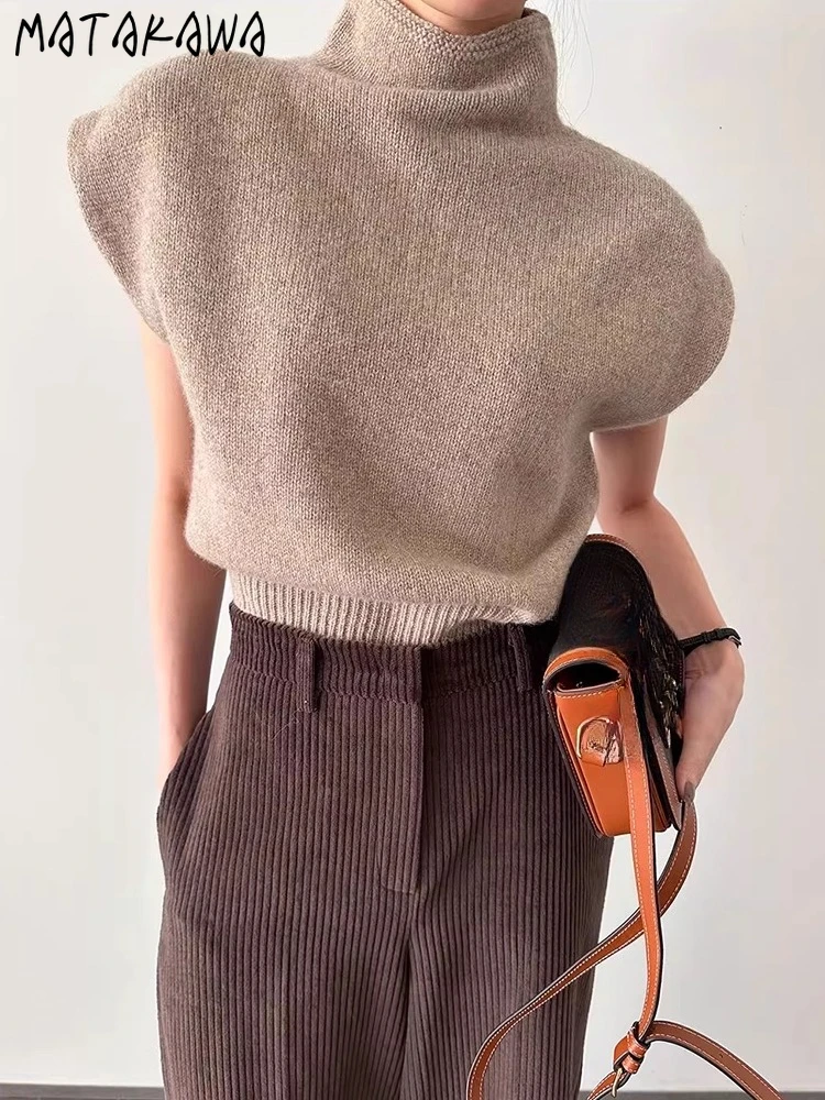 

Matakawa Autumn Winter Clothes Woman Sweaters Half High Collar Solid Short Sleeve Pullovers Korean Fashion Vintage Pull Femme