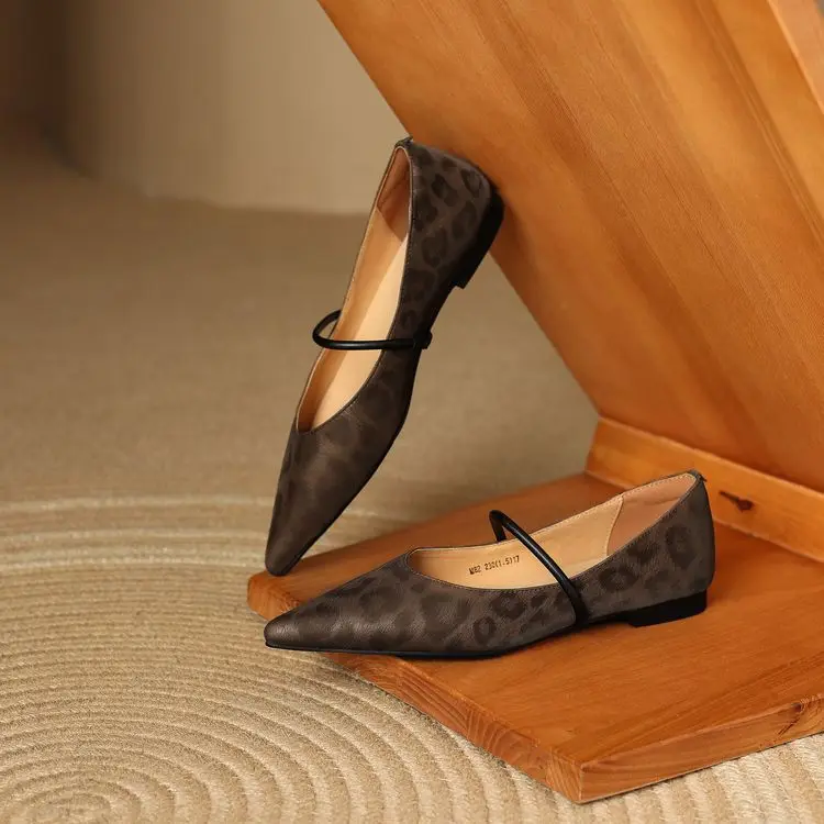 Women's Leather Mary Jane Flats - Leopard Print Peep Toe