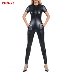 Women Body Shaper Metallic Zip Front Short Sleeve Bodysuits Waist Trainer Corsets Tight leggings Tank Tops Jumpsuits with Pocket