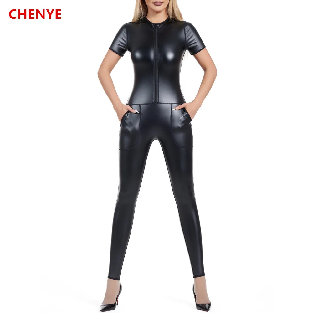 Women Body Shaper Metallic Zip Front Short Sleeve Bodysuits Waist Trainer Corsets Tight leggings Tank Tops Jumpsuits with Pocket