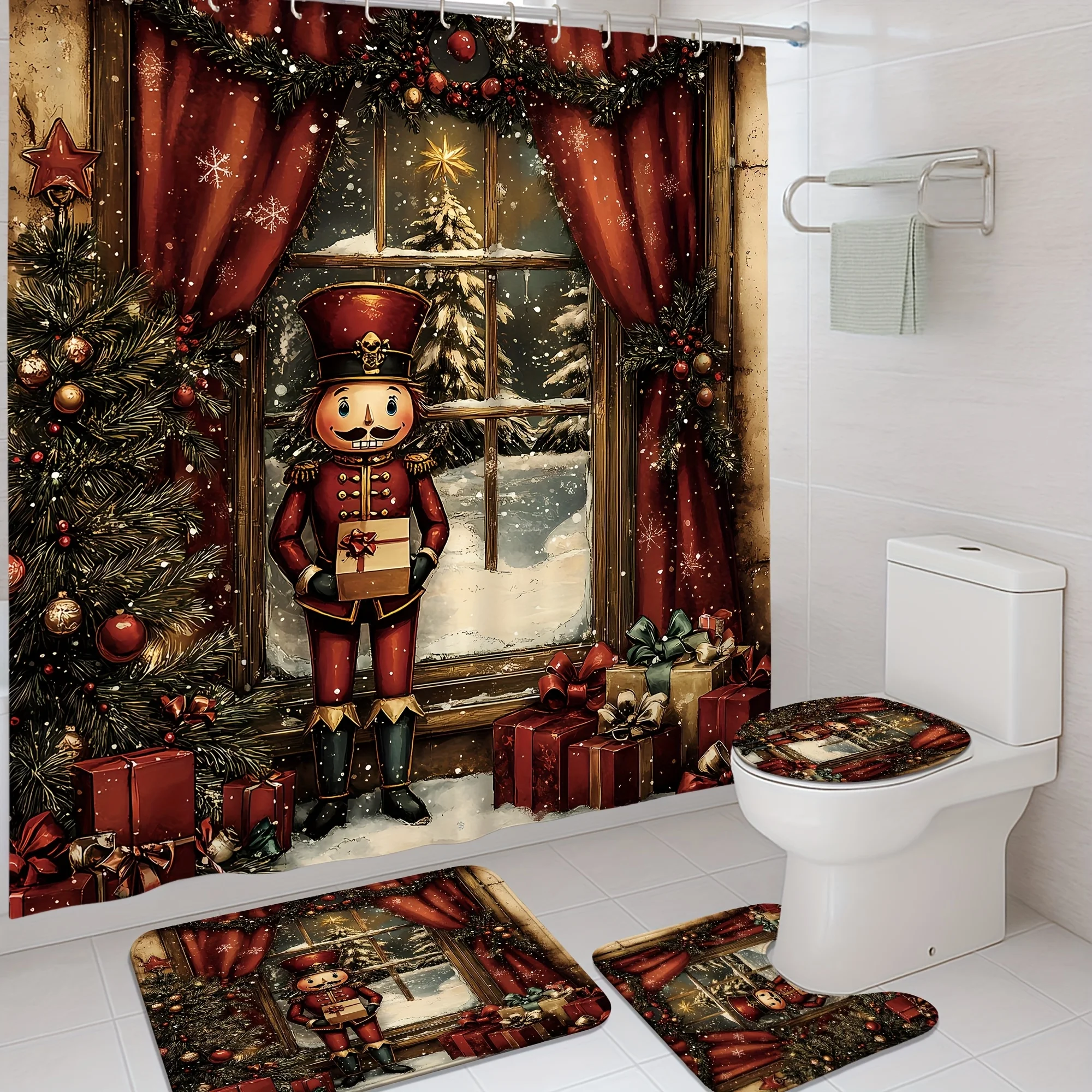 4Pcs Xmas Bath Set – Nutcracker, Vintage Red Brown, Shower Curtain, 12 Hooks, Non-Slip U-Cover, Holiday Home Decor