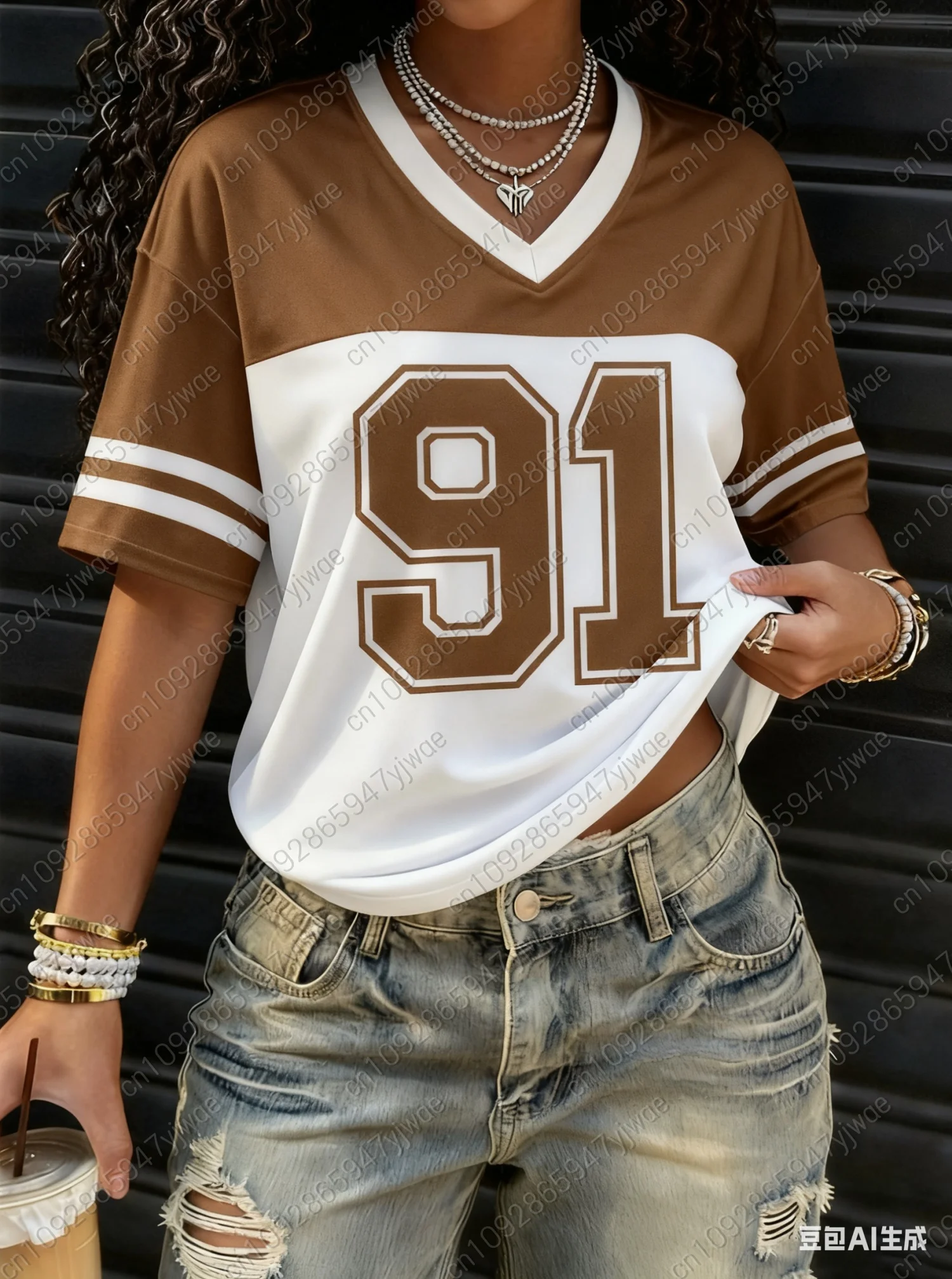 2025 American style Women BUMBER 91  Print Lightweight Breathable V-Neck Short Sleeved baseball T-Shirt Women Jersey T-Shirt