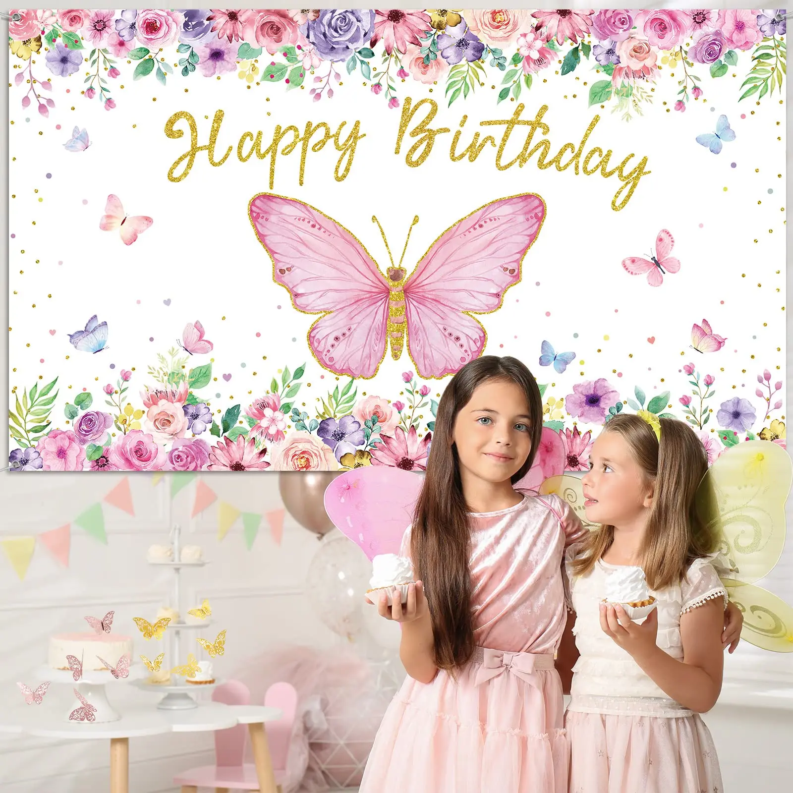 Pink Butterfly Flower Happy Birthday Background Baby Shower Girl Birthday Party Scene Decoration Banner Photography Background