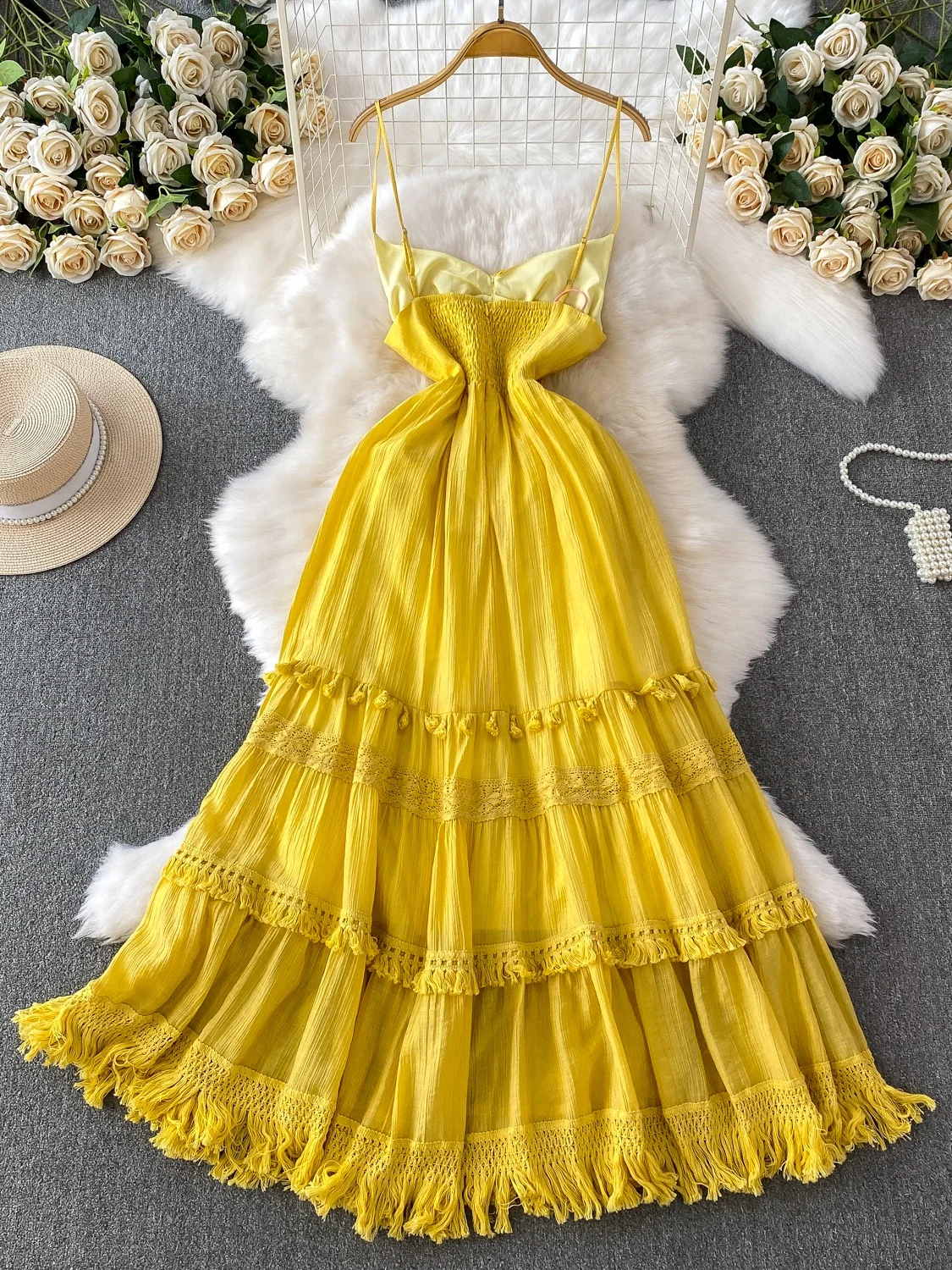 Beach Vaion Sle Sexy Bal Long V-ne Dr Women's Summer High Waist Slimming Tassel Midi Skirt Korean Sle Commute