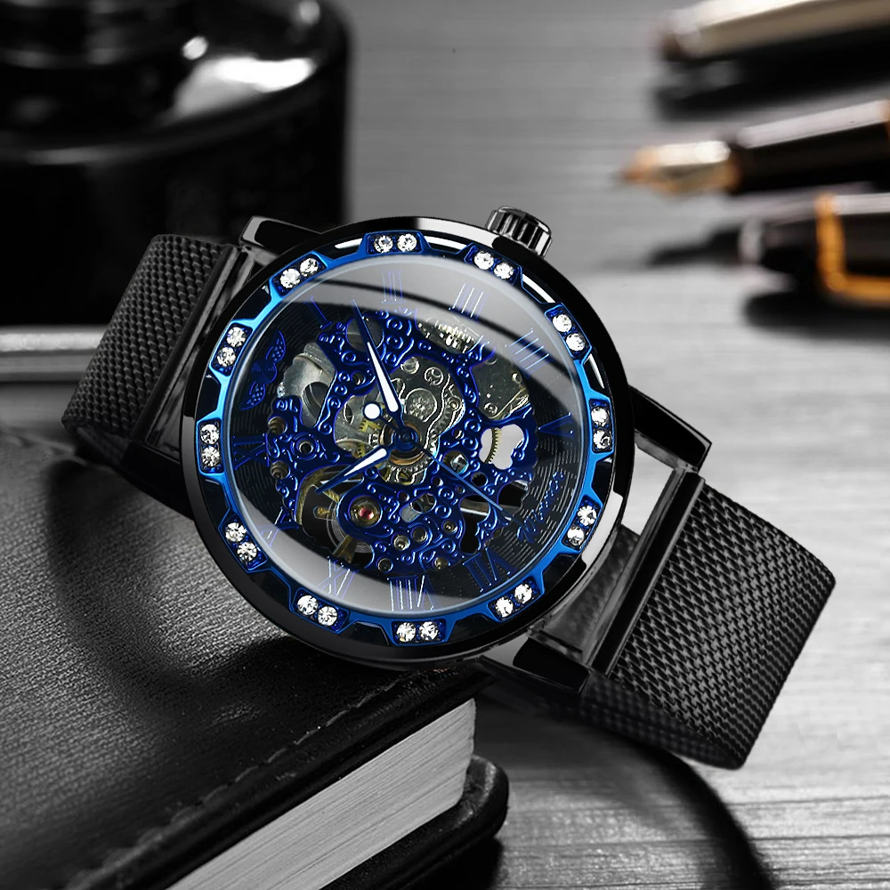 Blue Transparent Skeleton Mechanical Watch for Men Luminous Hands Retro Mesh Stainless Steel Strap Classic Hand Winding Watches