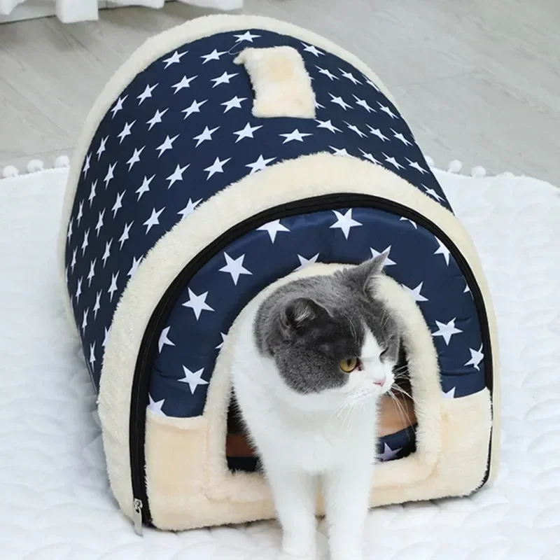 Hanpanda Four Seasons Universal Portable 16 Kinds Printings Pet Litter Semi-enclosed Cat 3d Plush Removable&Washable Villa Tent