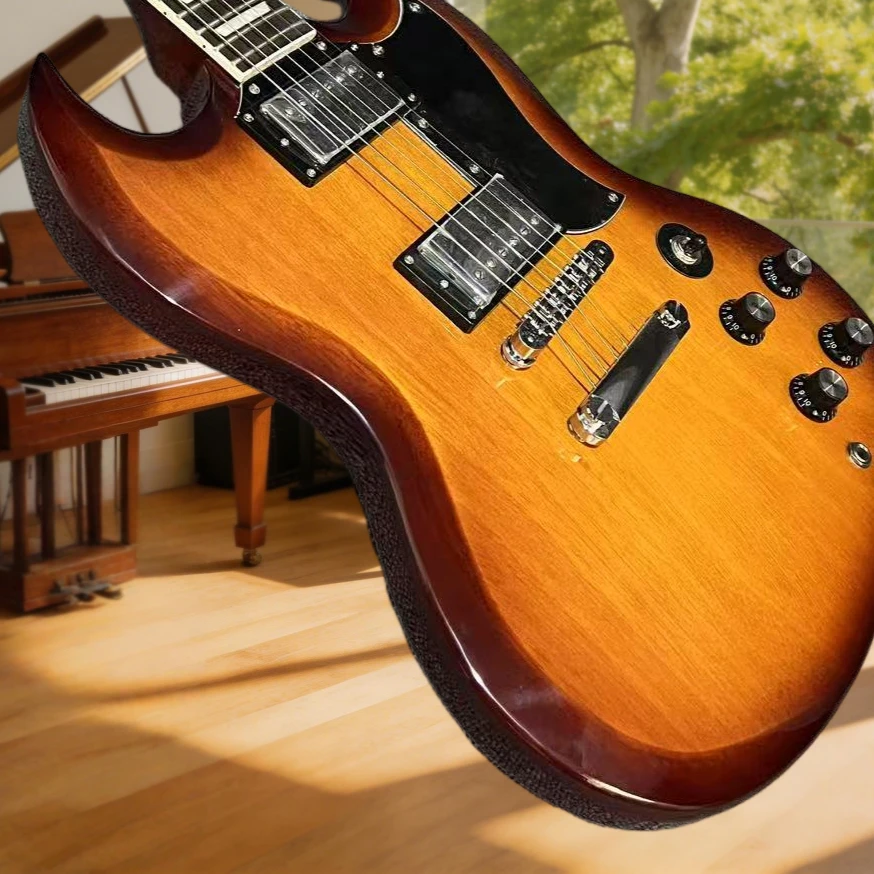 

New Retro Brown Sunburst SGSA Electric Guitar HH Pickups Fixed Bridge Mahogany Body Black Pickguard Amber Orange