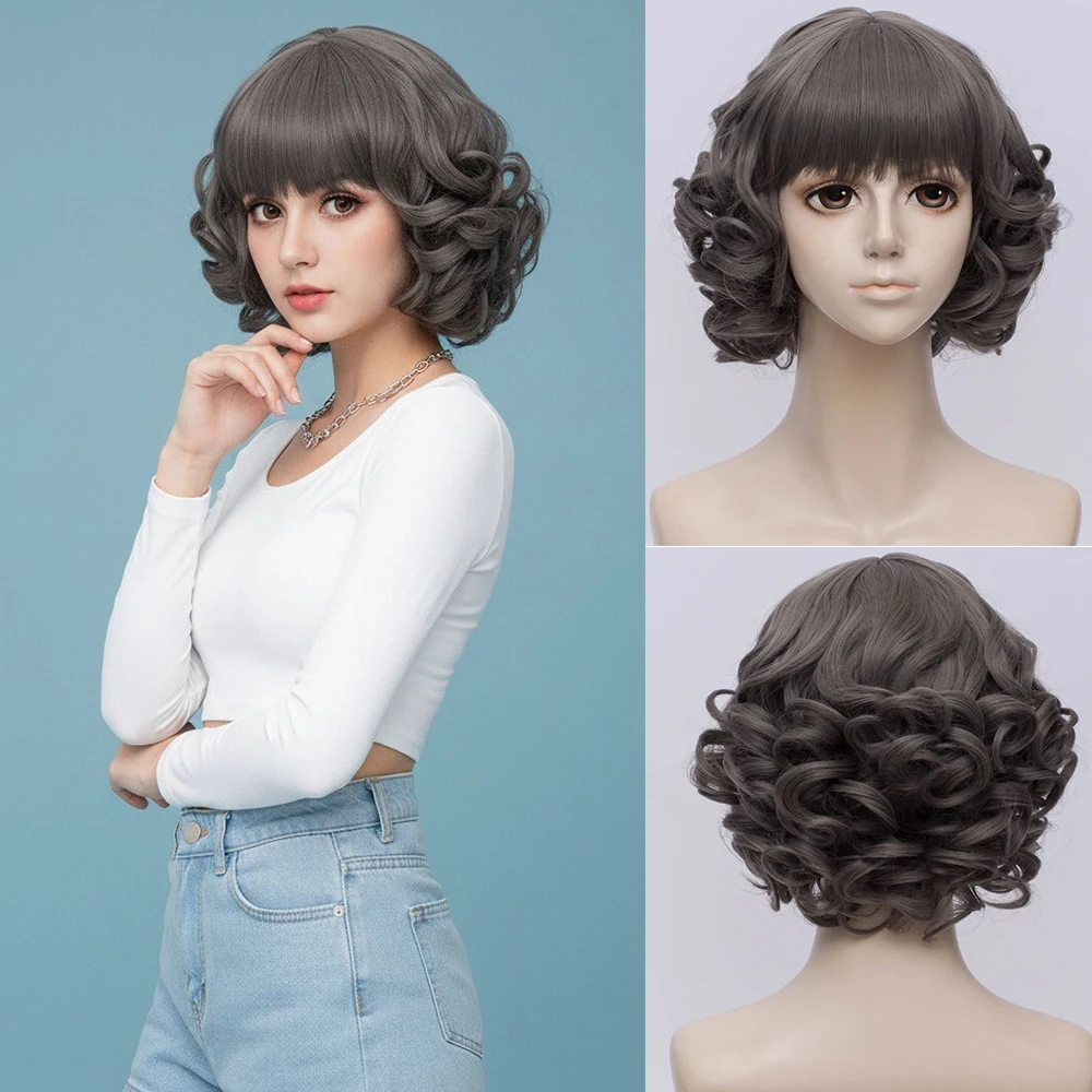 

Синтетический короткий вьющийся парик темно-коричневого цвета с челкой для женщин, повседневная вечеринка, косплей, искусственные волосы, термостойкие