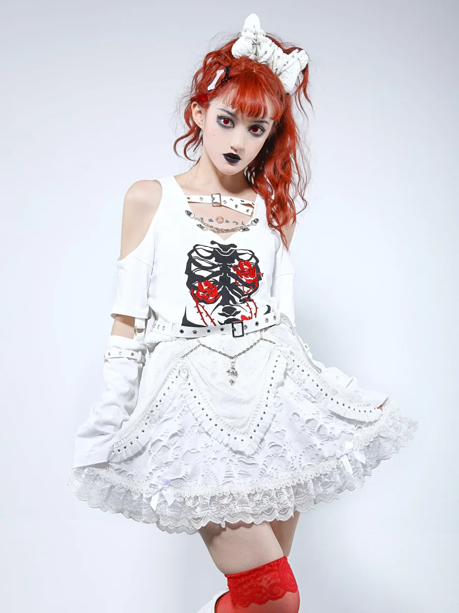 Imagem -04 - Mini Bolo Harajuku Saia Vestido de Baile Gótico Branco Patch Cross Punk Halloween Saias Bonitas Kawaii Suprimento de Sangue Verão