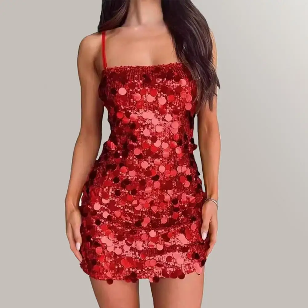 

Сексуальное облегающее мини-платье с пайетками и бретельками-спагетти, без рукавов, с открытой спиной, блестящее, для вечеринок, 2026