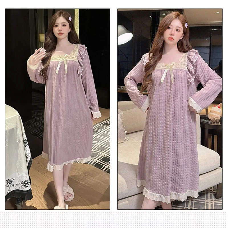 قمصان نوم قطنية بأكمام طويلة مقاس كبير للخريف للنساء ملابس نوم لطيفة برقبة مربعة على طراز الأميرة فستان نوم كوري للمنزل