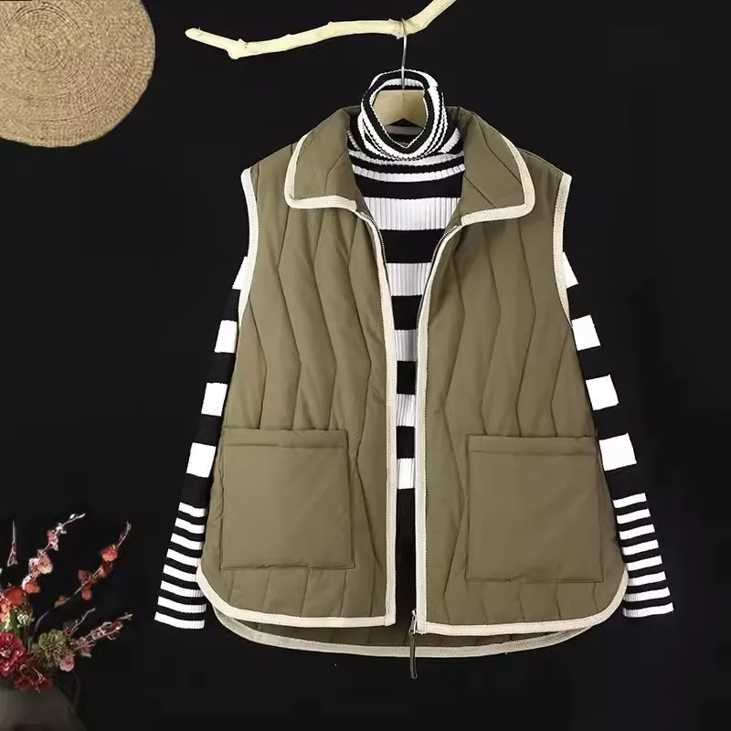 Vintage Light Weight Waistcoat 2024 New Autumn Winter Unisex Casual Loose Sleeveless Jackets Turn Down Collar Women Vest Coat