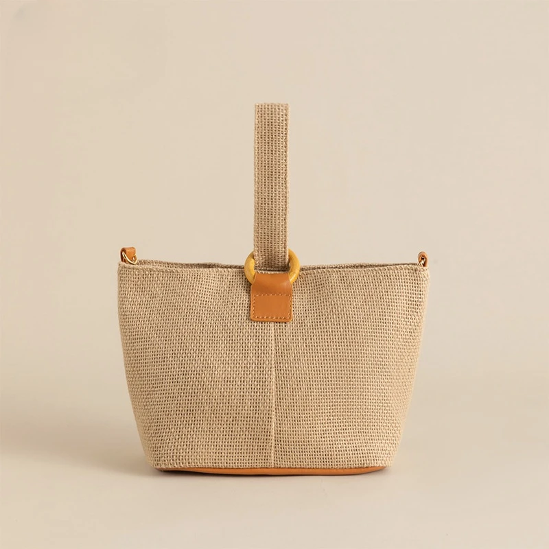 Ethnic Style Vintage Linen Bucket Bag for Women 2024 Summer Seaside Vacation Bohemian Beach Bag Female Casual Top-Handle Bag