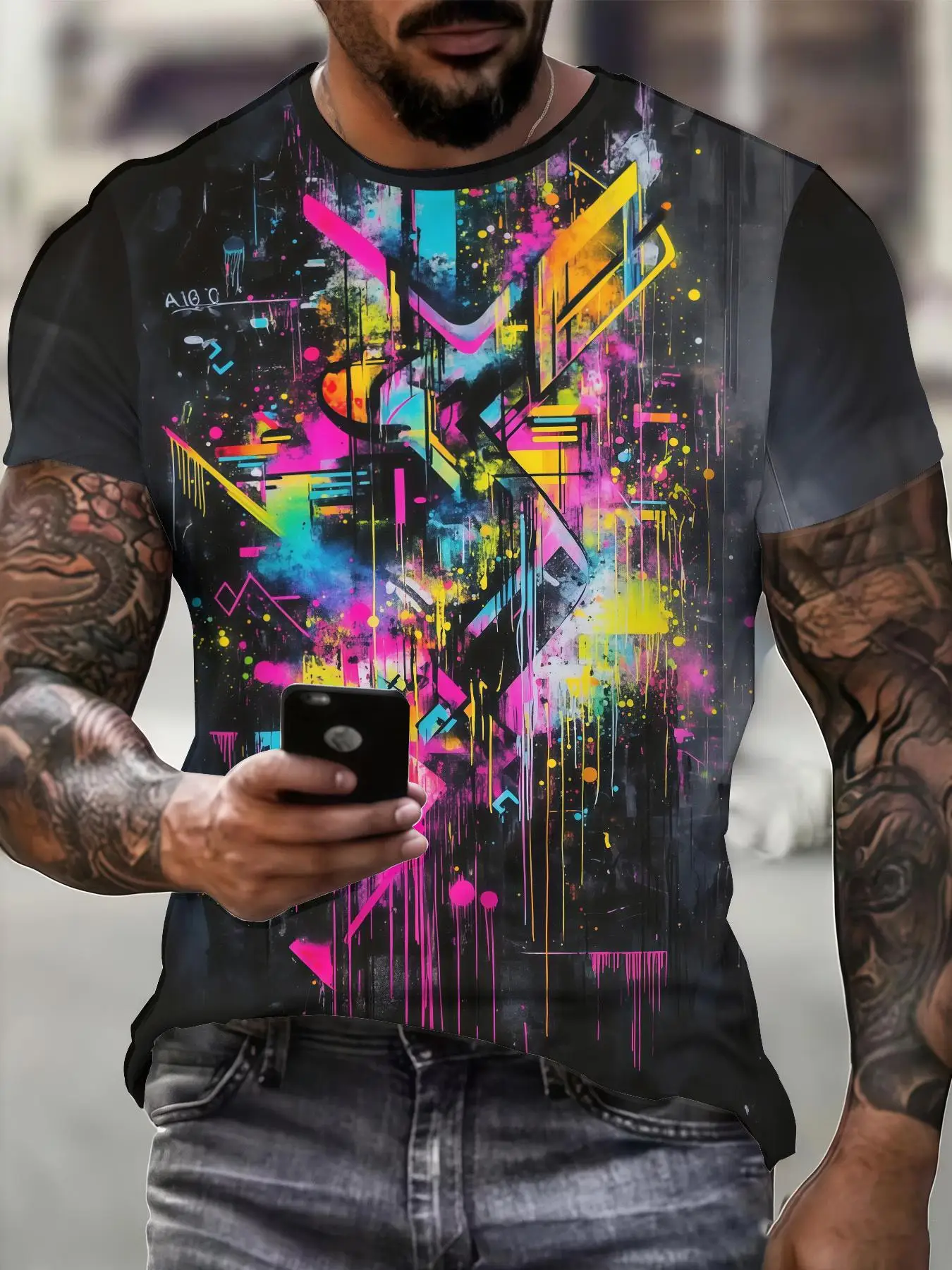 Men Neon Graffiti Abstract Paint Splash Print T Shirt Crew Neck Short Sleeve Streetwear Black Casual Summer Tees