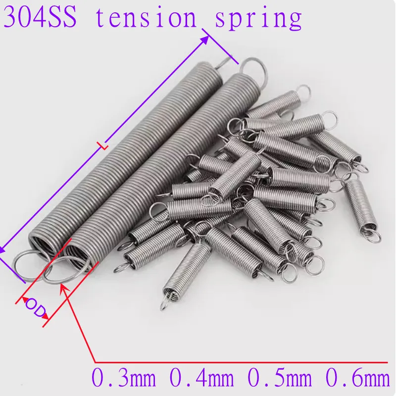 10pcs/lot Tension spring  0.3mm 0.4mm 0.5mm 0.6mm 304 stainless steel  extension spring  OD 2mm-6mm length10mm to 50mm A2