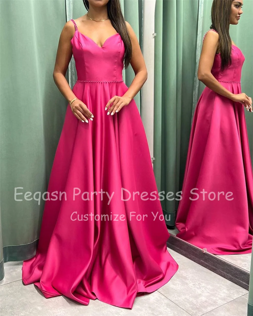 Eeqasn EINE Linie Satin Lange Prom Kleider 2022 Perlen Spaghetti-trägern Formale Abendkleider V-ausschnitt Lange Frauen Hochzeit Party Kleid