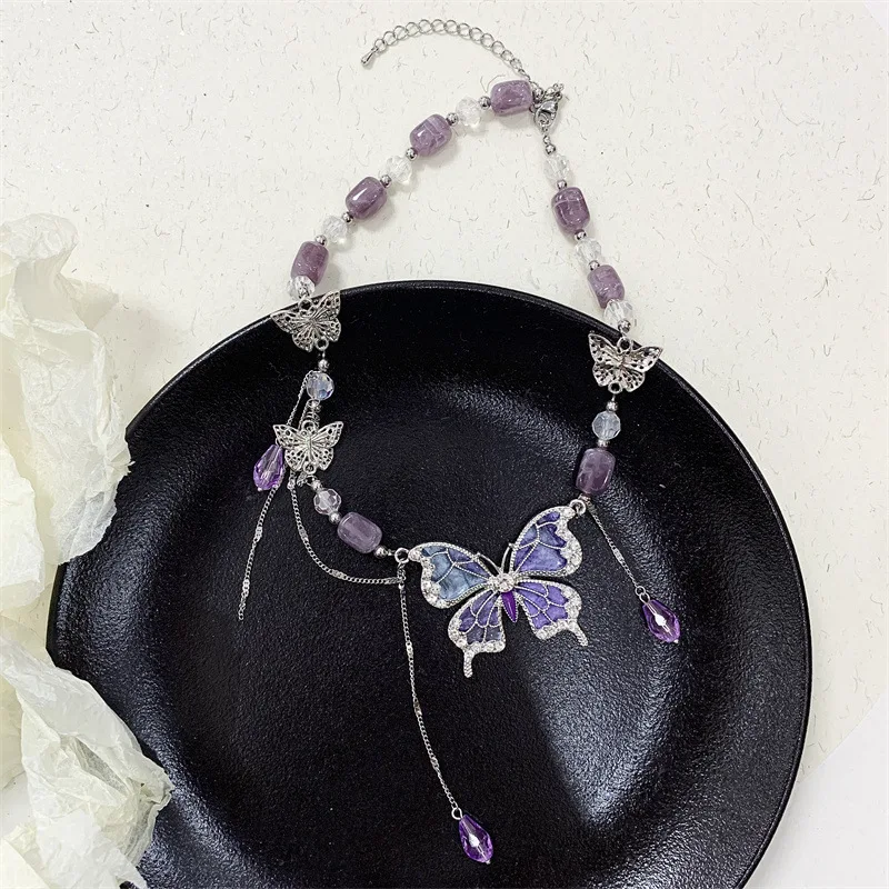 Purple Necklace for Women Crystal Butterfly Tassels Fashion Punk Style Jewelry Sweet Vintage Collares Para Mujer