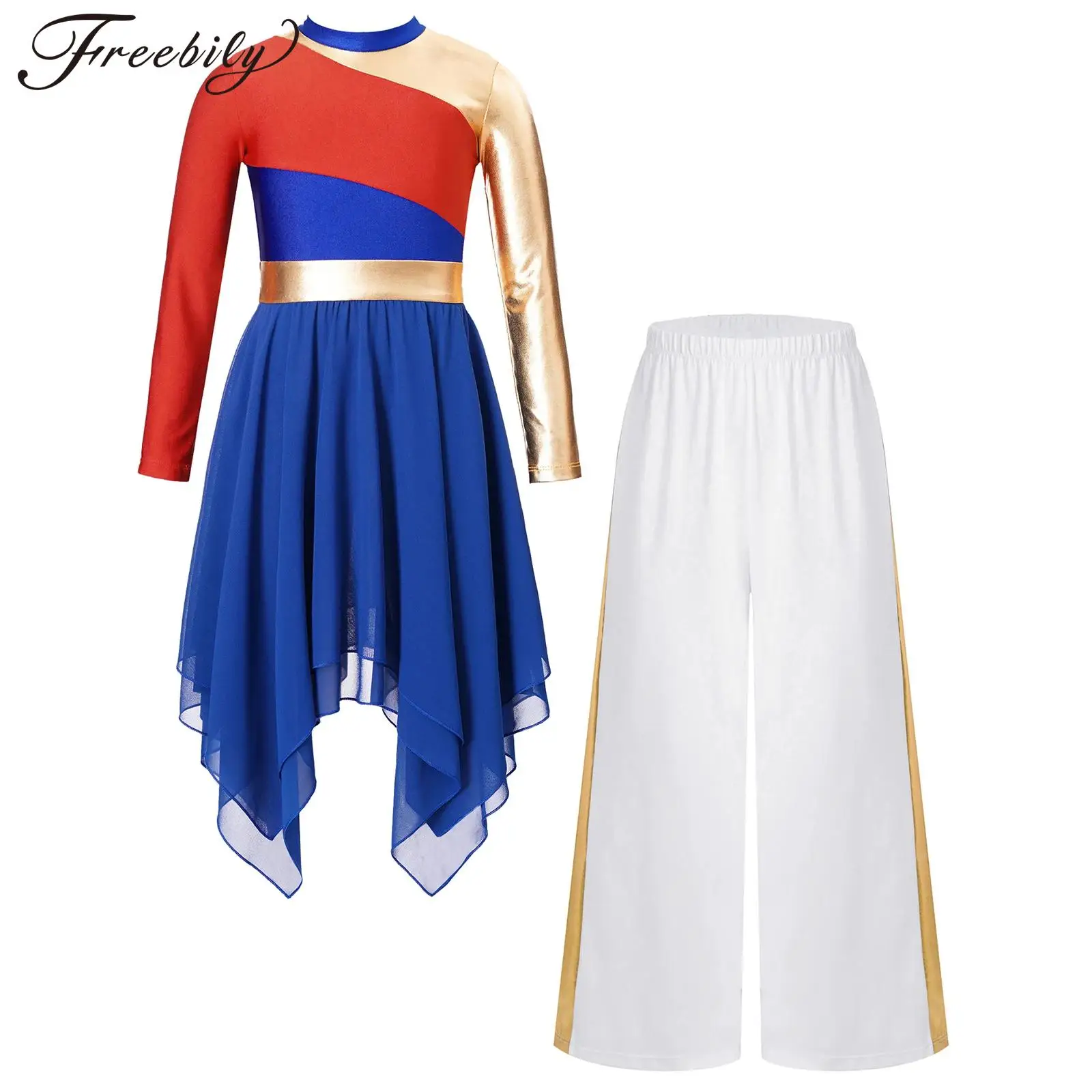 ชุดเดรสเด็กผู้หญิงแขนยาวผ้าชีฟองทรงโมเดิร์นพร้อมกางเกงขายาวทรงกว้าง สำหรับงานดนตรีประสานเสียงในโบสถ์ ชุดแสดงการสรรเสริญและบูชาพระเจ้า