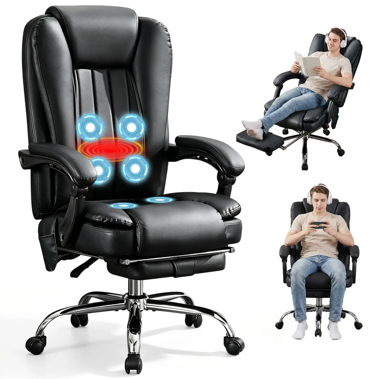500LBS Massge Office Chair with Foot Rest, 6 Points Vibration & Heat Big and Tall Office Chair with Back Support, Customized