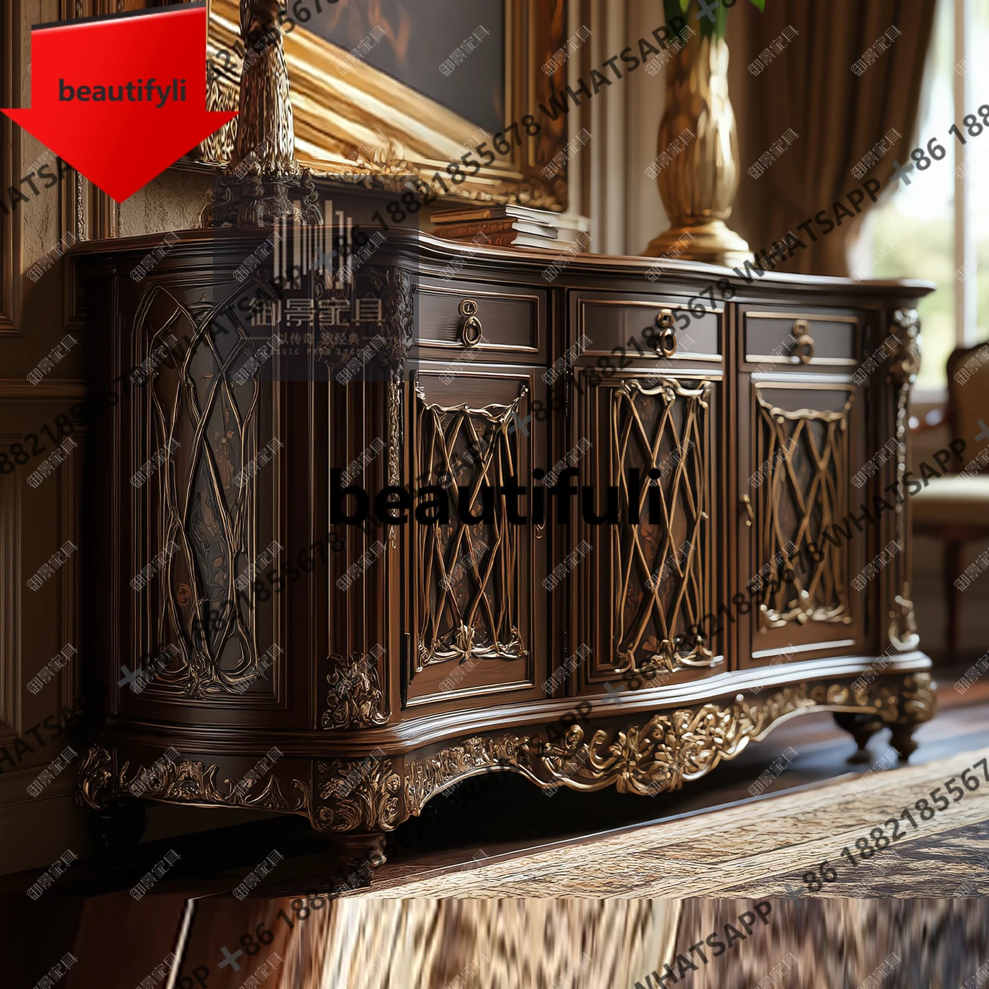 X188 Gothic solid wood entrance European carved display cabinet French wall storage tea cabinet bowl cabinet