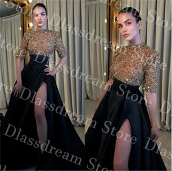 Elegant A Line Evening Dresses Black High Neck Short Sleeves Sequins Party Prom Dress Sweep Train Long Dress платье женское