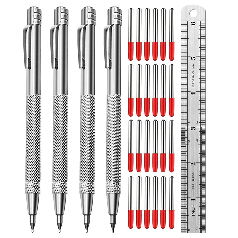 Tungsten Carbide Scriber dengan Magnet, Metal Scribe, dengan Ekstra 24 Ujung Penanda Pengganti dan Penggaris Baja Logam Perak 4 Pak