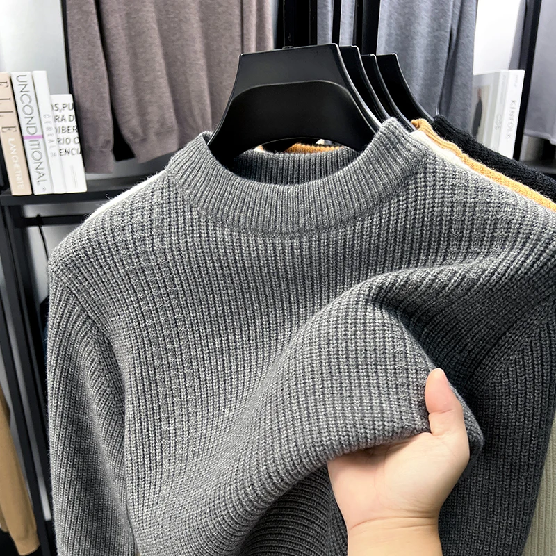 Premium solid color round neck knitted sweater men high-quality thicken warm autumn winter fashion soft comfort casual pullover