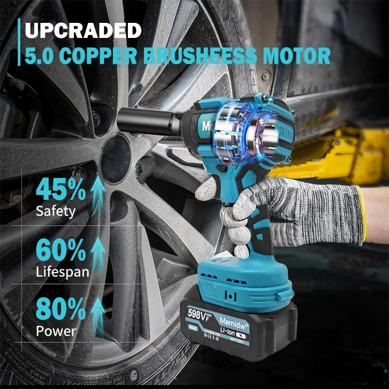 Mamidw 820N.m Cordless Impact Wrench, Electric Wrench, Cordless High Power Shock bsorber for Car Repair, For Makita 18v Battery