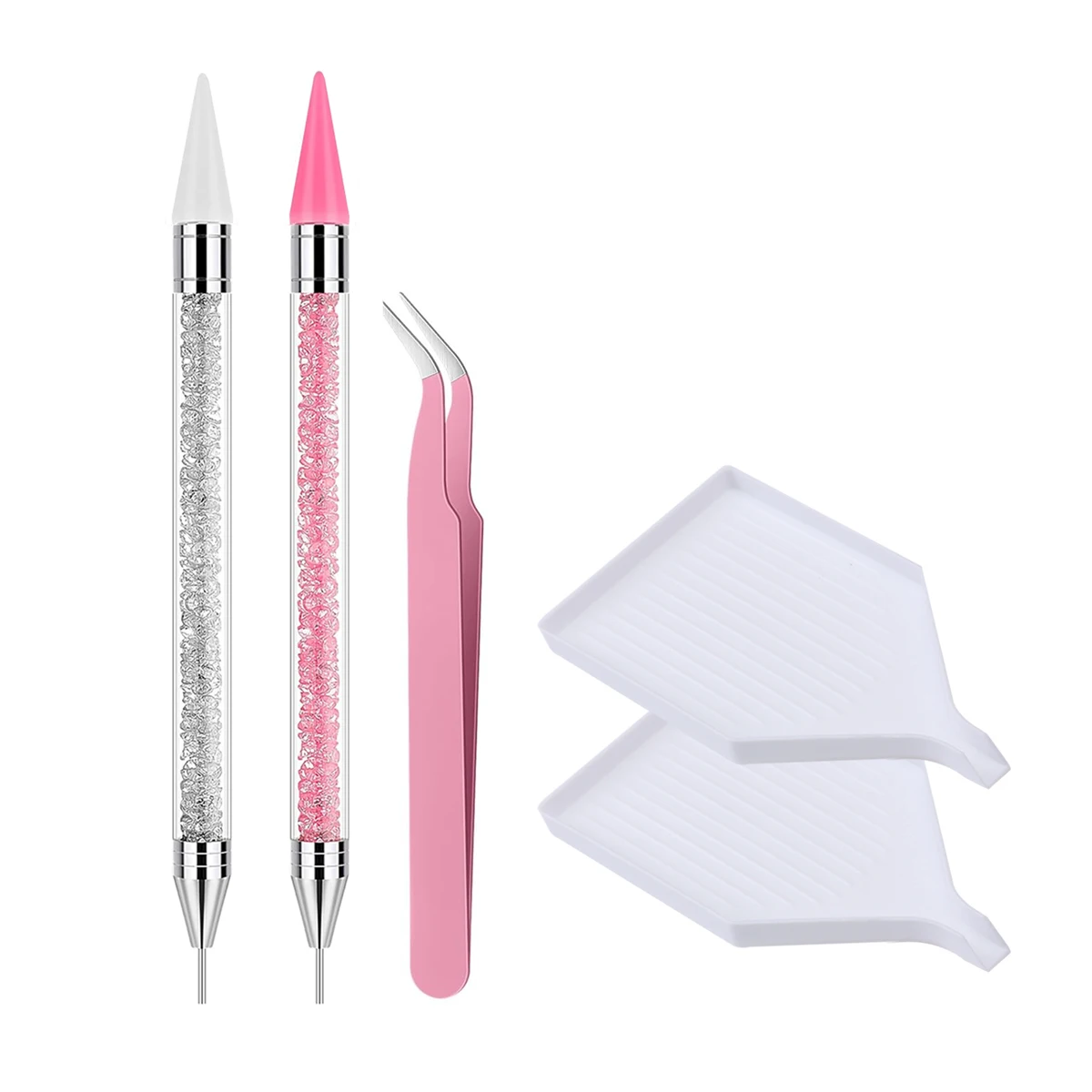 Doppelseitiges Nagelrhinestone-Pick-Tool-Set, Wachspunktierstifte, gebogene Pinzette, Rhinestone-Aufbewahrungsschale, DIY-Nagelkunst-Edelstein-Aufnahmewerkzeug