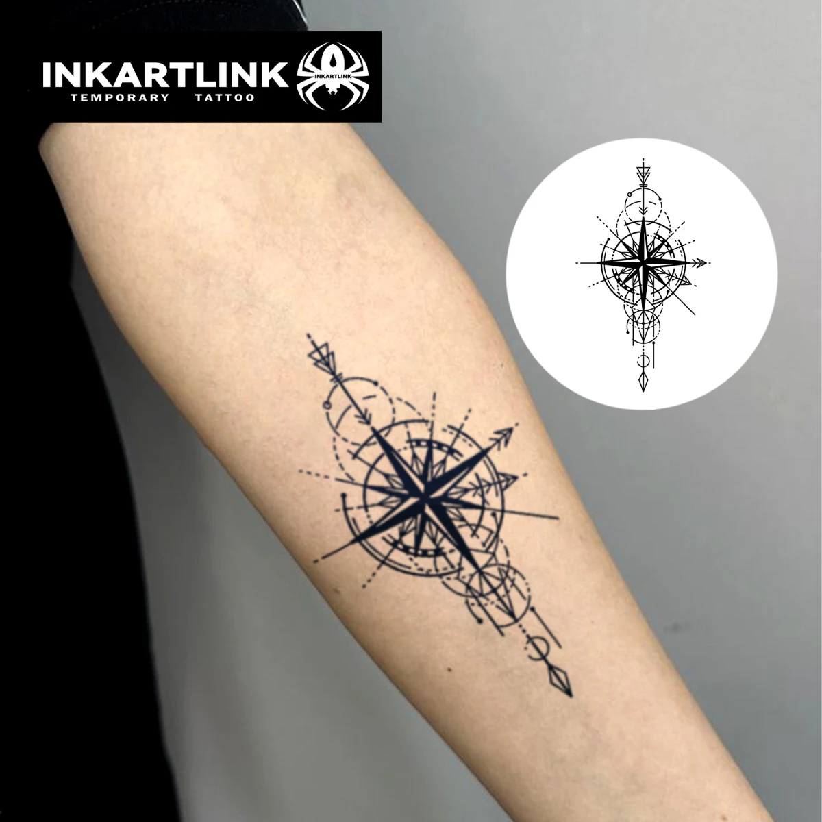 Compass temporary tattoo sticker, waterproof magic tattoo, lasts to 15 days fake tattoo, semi permanent tattoo